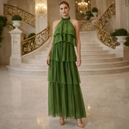 6793 ITALIAN SILK HALTER NECK DRESS  TARTARUGA GREEN