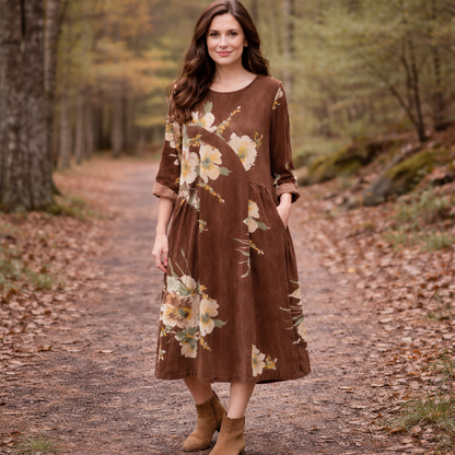 6814 Vera May Corduroy Floral Winter Dress Brown