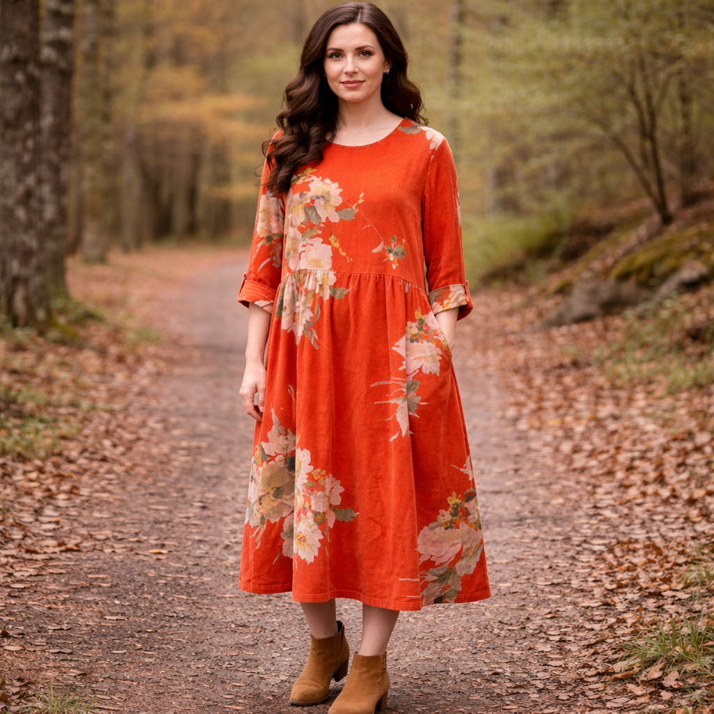 6814 Vera May Corduroy Floral Winter Dress Rust Orange