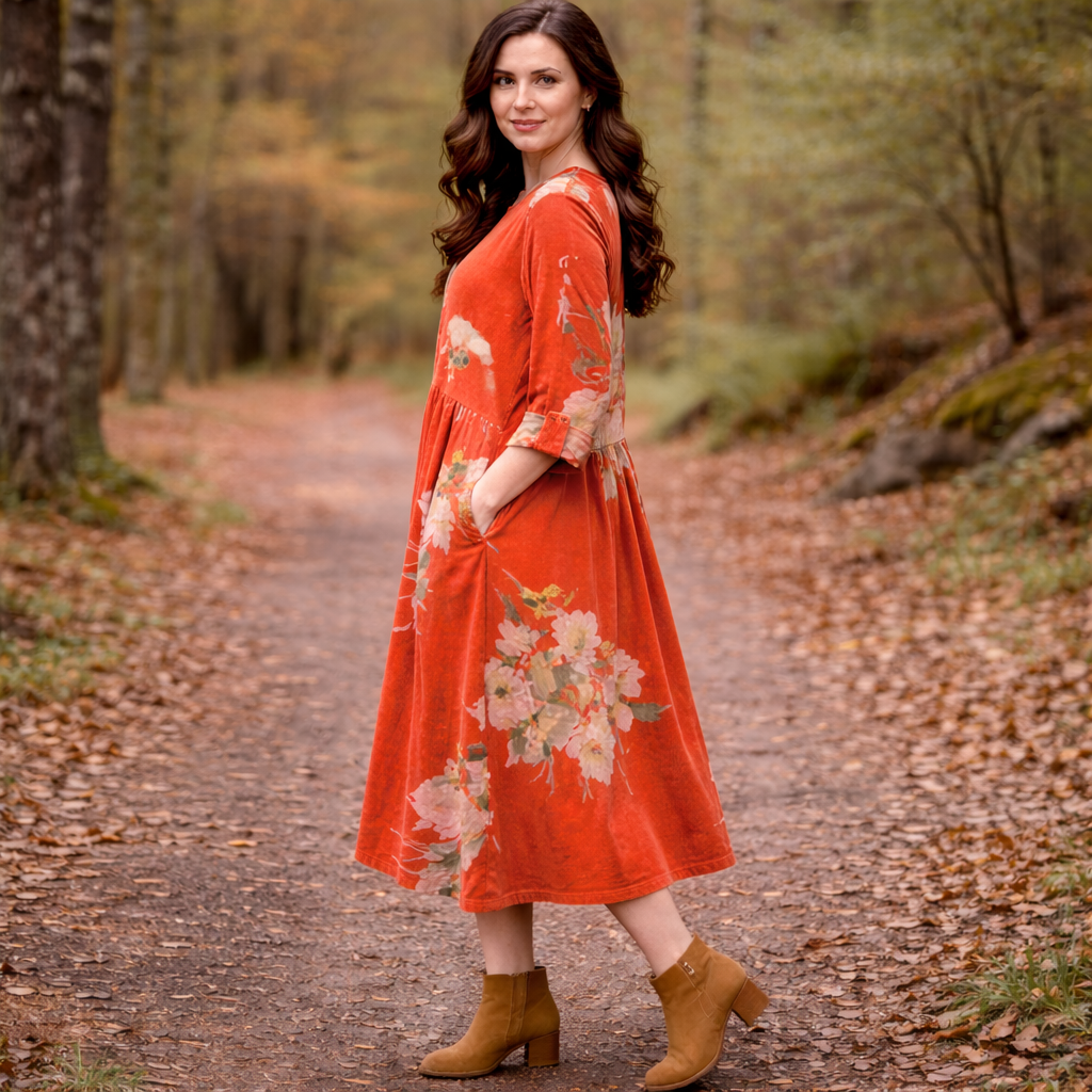 6814 Vera May Corduroy Floral Winter Dress Rust Orange