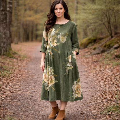 6814 Vera May Corduroy Floral Winter Dress Militare Khaki