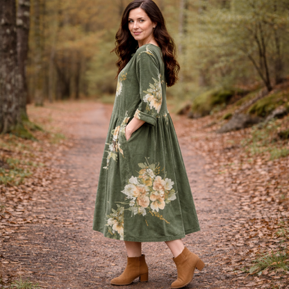 6814 Vera May Corduroy Floral Winter Dress Militare Khaki