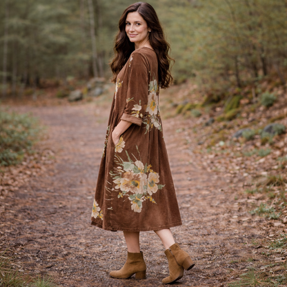 6814 Vera May Corduroy Floral Winter Dress Brown