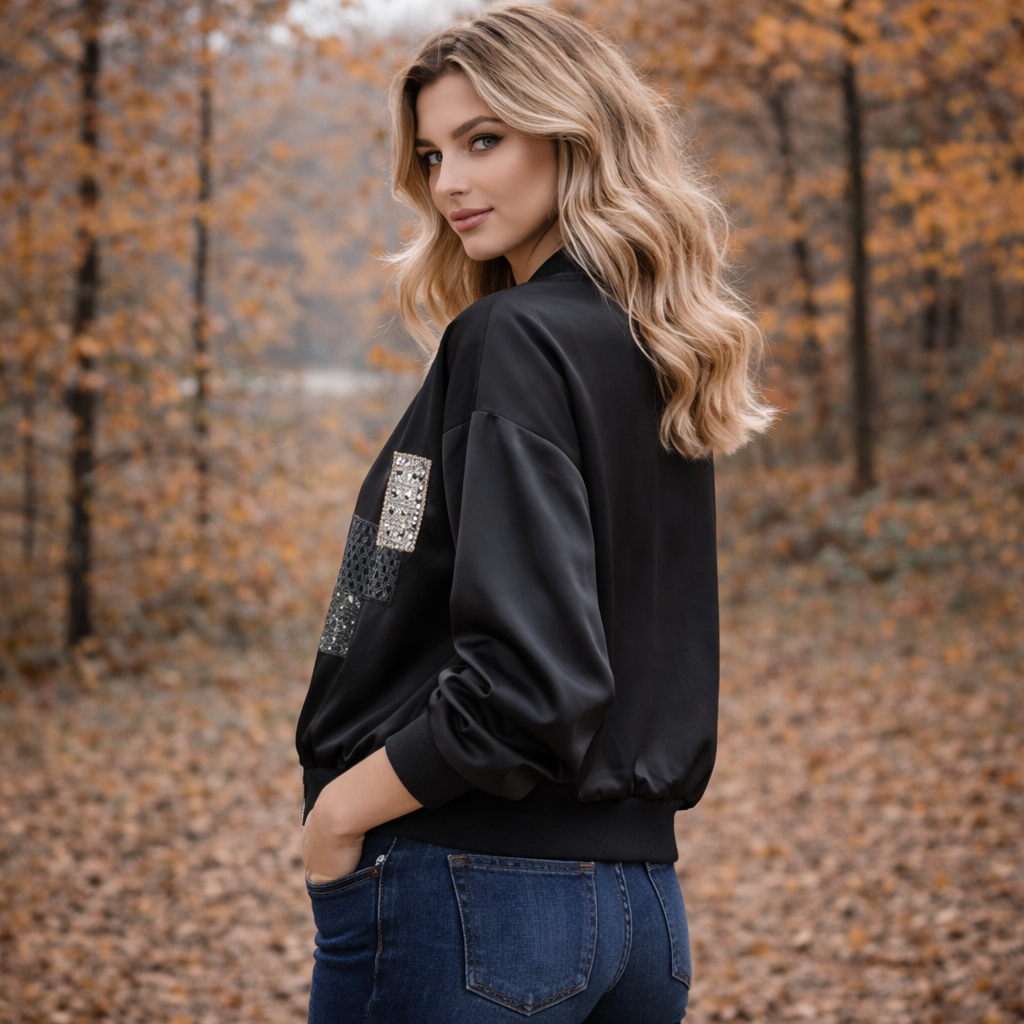 6842 Vera May Satin Bomber Jacket Black