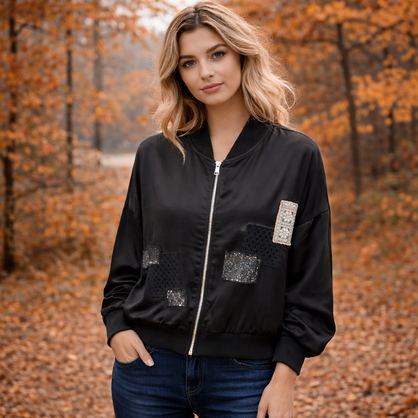 6842 Vera May Satin Bomber Jacket Black