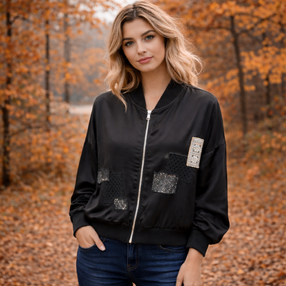 6842 Vera May Satin Bomber Jacket Black
