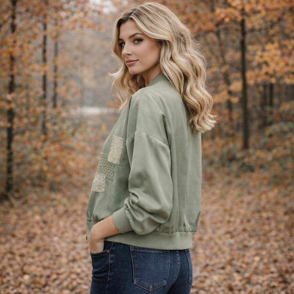 6842 Vera May Satin Bomber Jacket Sage Green