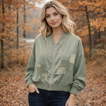 6842 Vera May Satin Bomber Jacket Sage Green