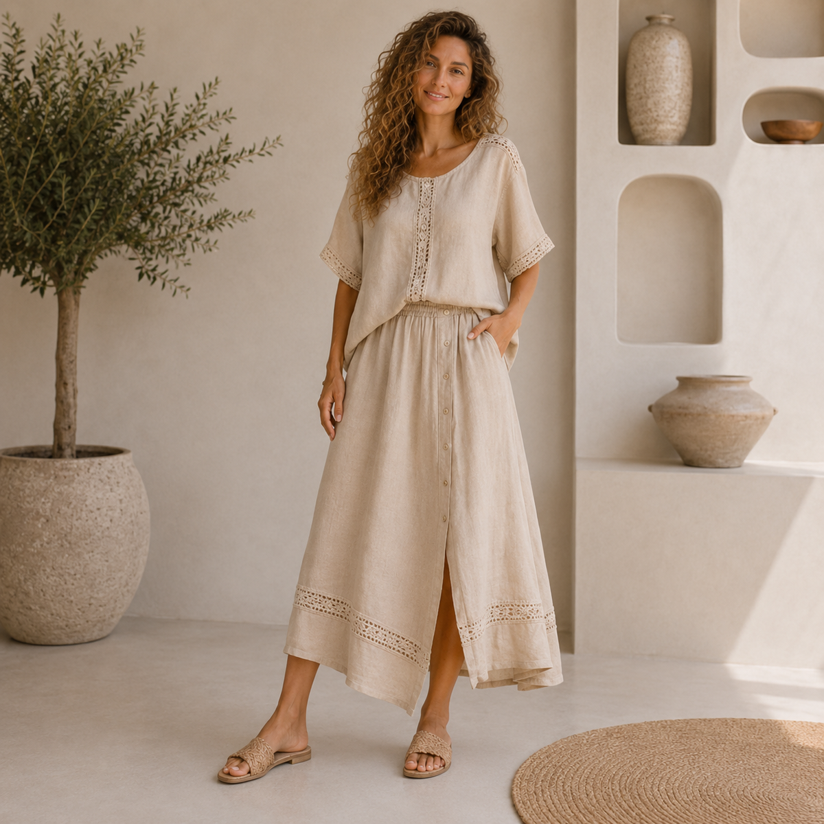 Vera May Italian Linen Sand Co-ord Set 6952/6953 | Women's Linen Set Australia