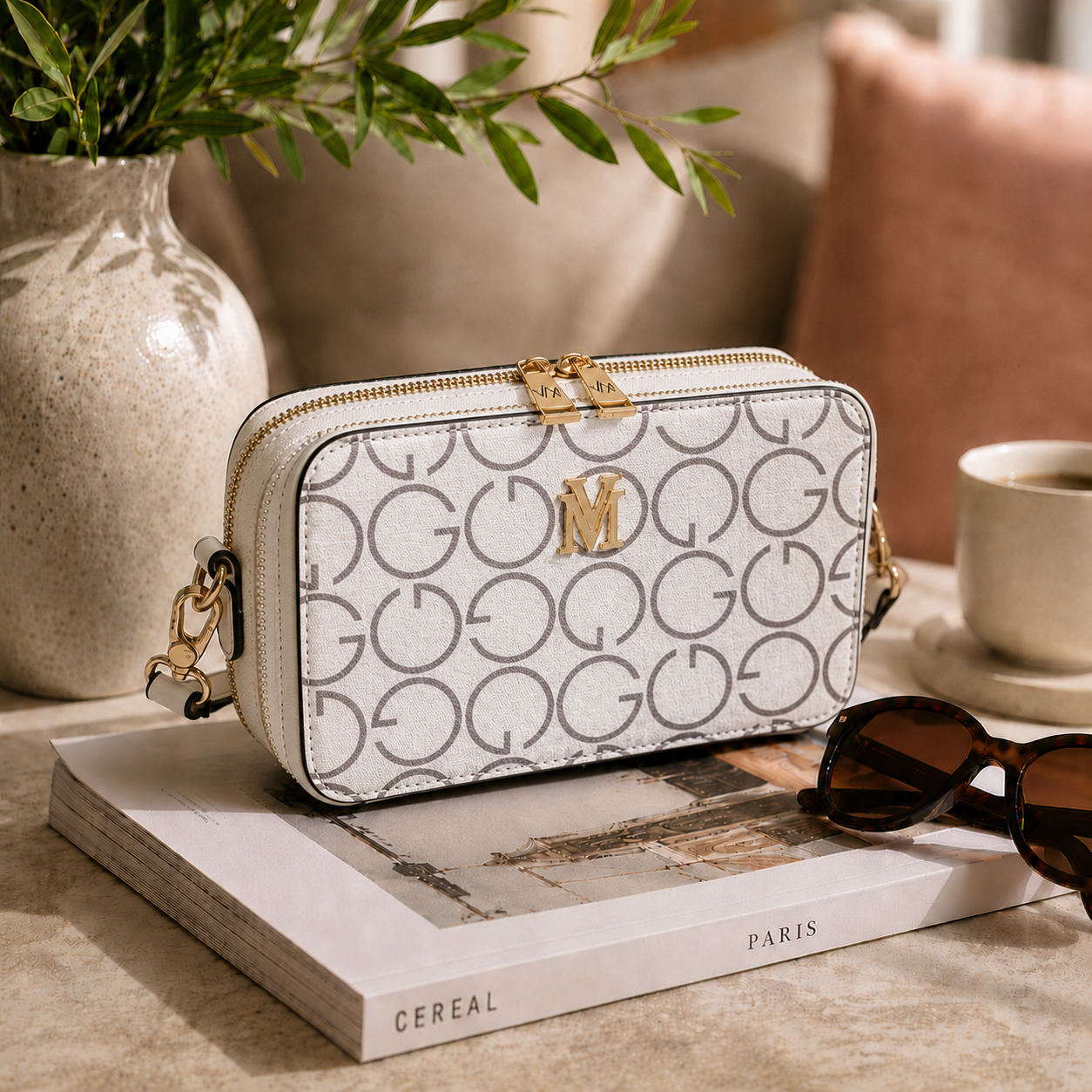 VERA MAY GLORIA WHITE/GREY VEGAN LEATHER HANDBAG