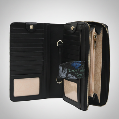 Black wallet with floral card holder on a white background