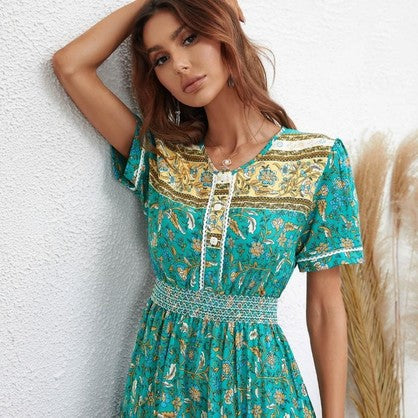 Boho Vera May Floral Green Dress SCJM051