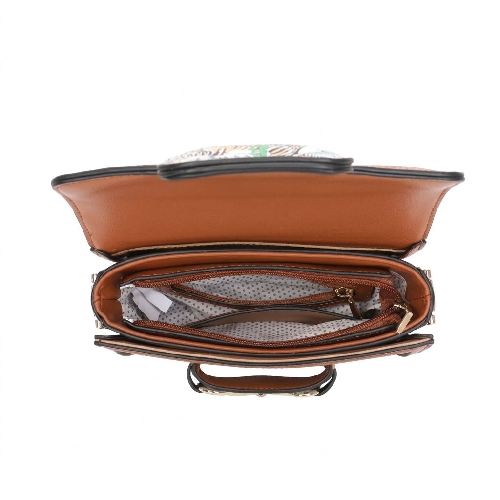 An open brown leather handbag shown from a top-down view, revealing multiple interior compartments, a patterned lining, and a zippered pocket.