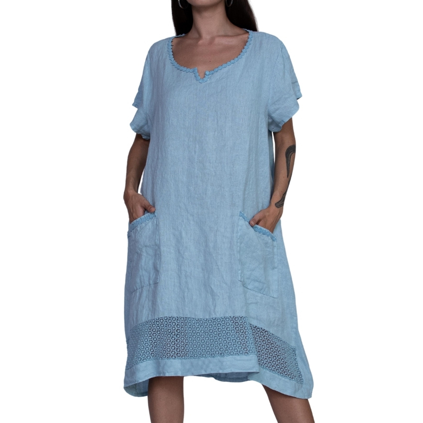 Italian Made Linen Split Neckline Midi Dress - Light Blue 721 - Vera May