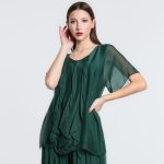 vera may Emerald Green italian silk elegant top with frills