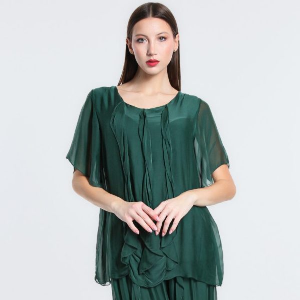 vera may Emerald Green italian silk elegant top with frills