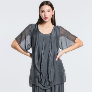 vera may charcoal grey italian silk elegant top with frills