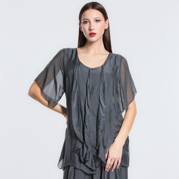 vera may charcoal grey italian silk elegant top with frills