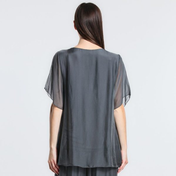 vera may charcoal grey italian silk elegant top with frills