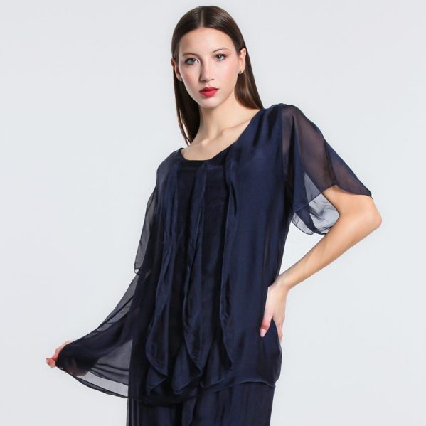 vera may Navy italian silk elegant top with frills