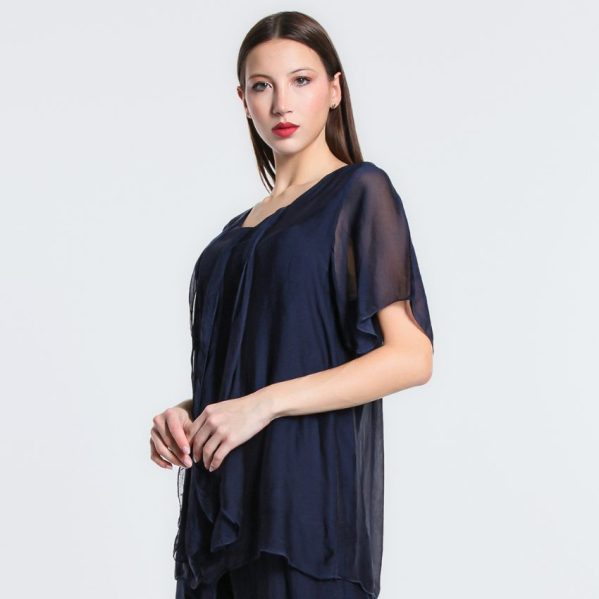 vera may Navy italian silk elegant top with frills